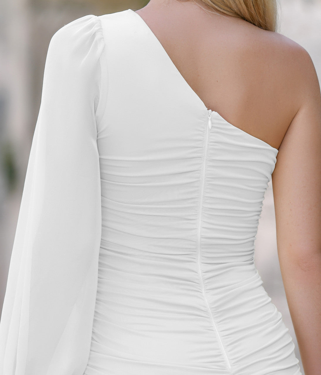 Clara One Sleeve Ruched Detail Back Zip Mini Dress (White)