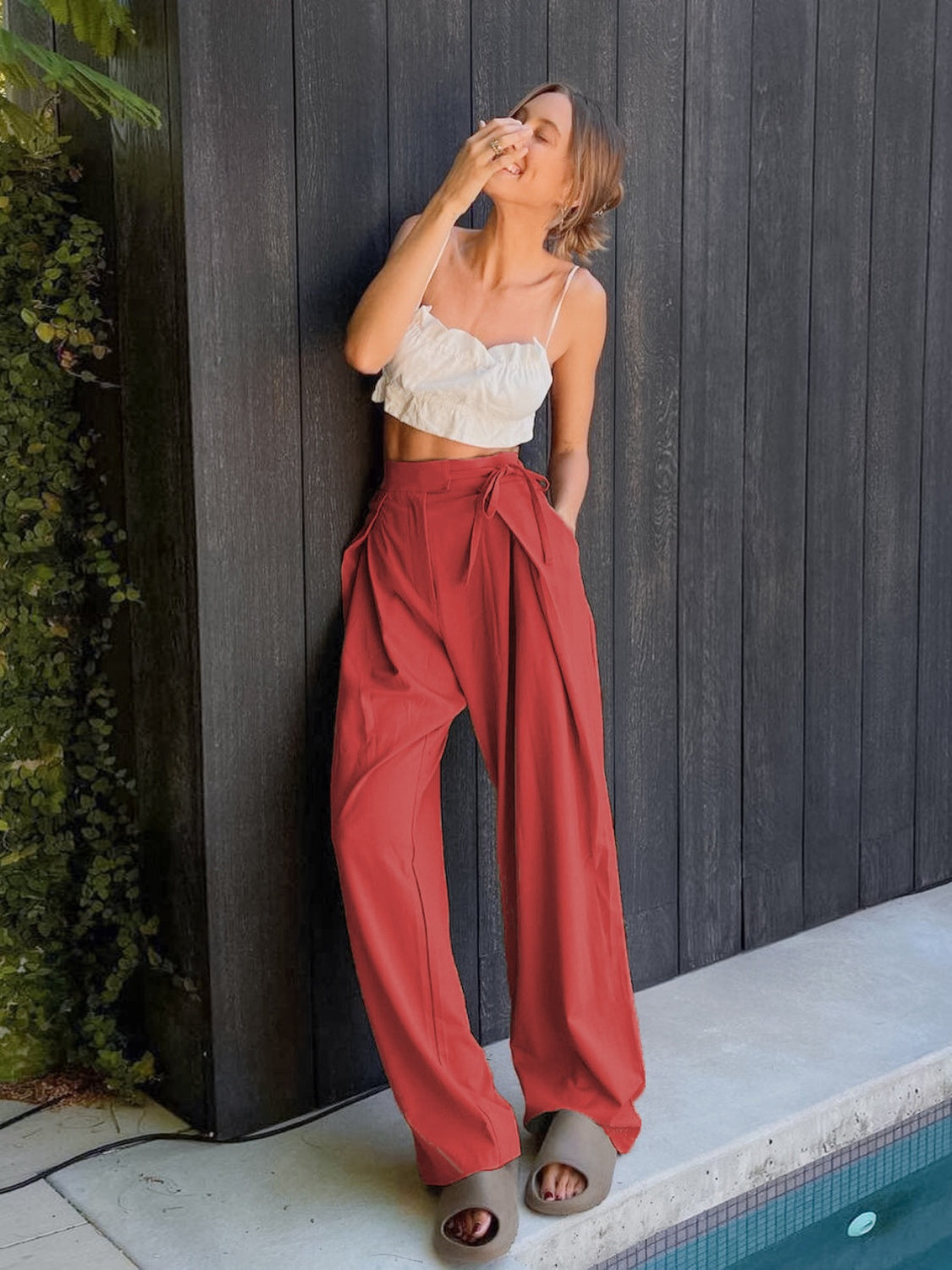 Our Best Polyester Blend Solid Color High Drawstring Waist Tie Detail Wide Palazzo Pants (Multicolor)