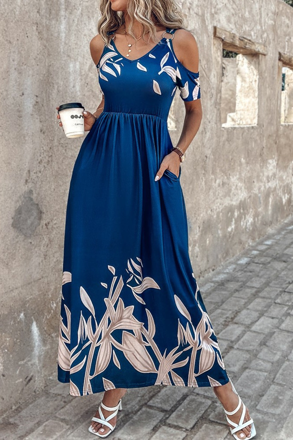 Our Best 100% Polyester Exotic Floral Print Cold Shoulder Short Sleeve Maxi Dress (Navy)