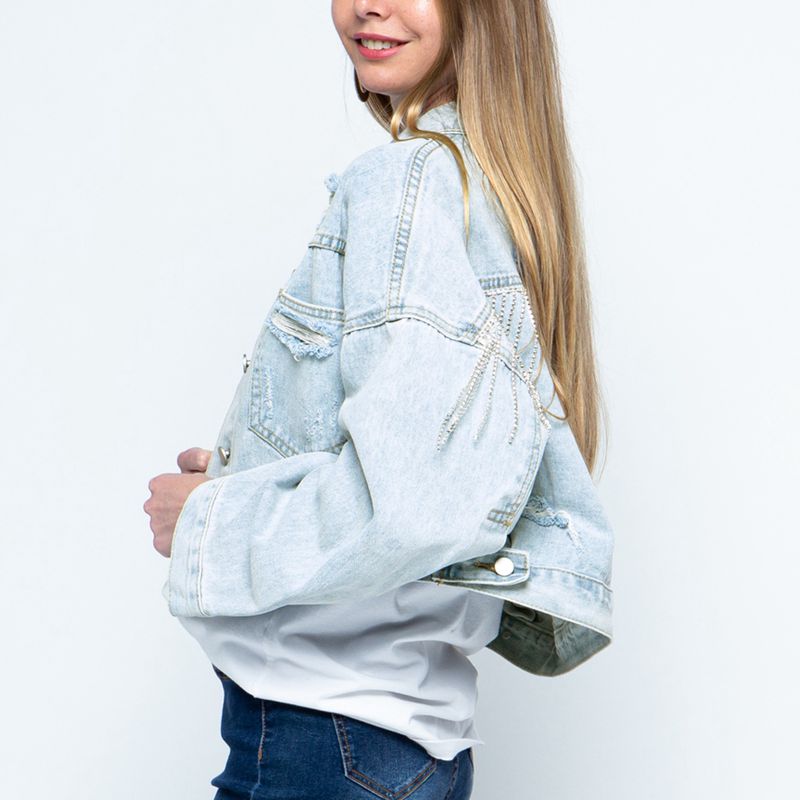 Damsel In Distressed Cotton Blend Fashion Plus Distressed Collared Neck Dropped Shoulder Crop Denim Jacket (Multicolor)