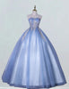 Blue strapless lace applique prom dress ball gown pleated tulle fluffy wedding dress gown