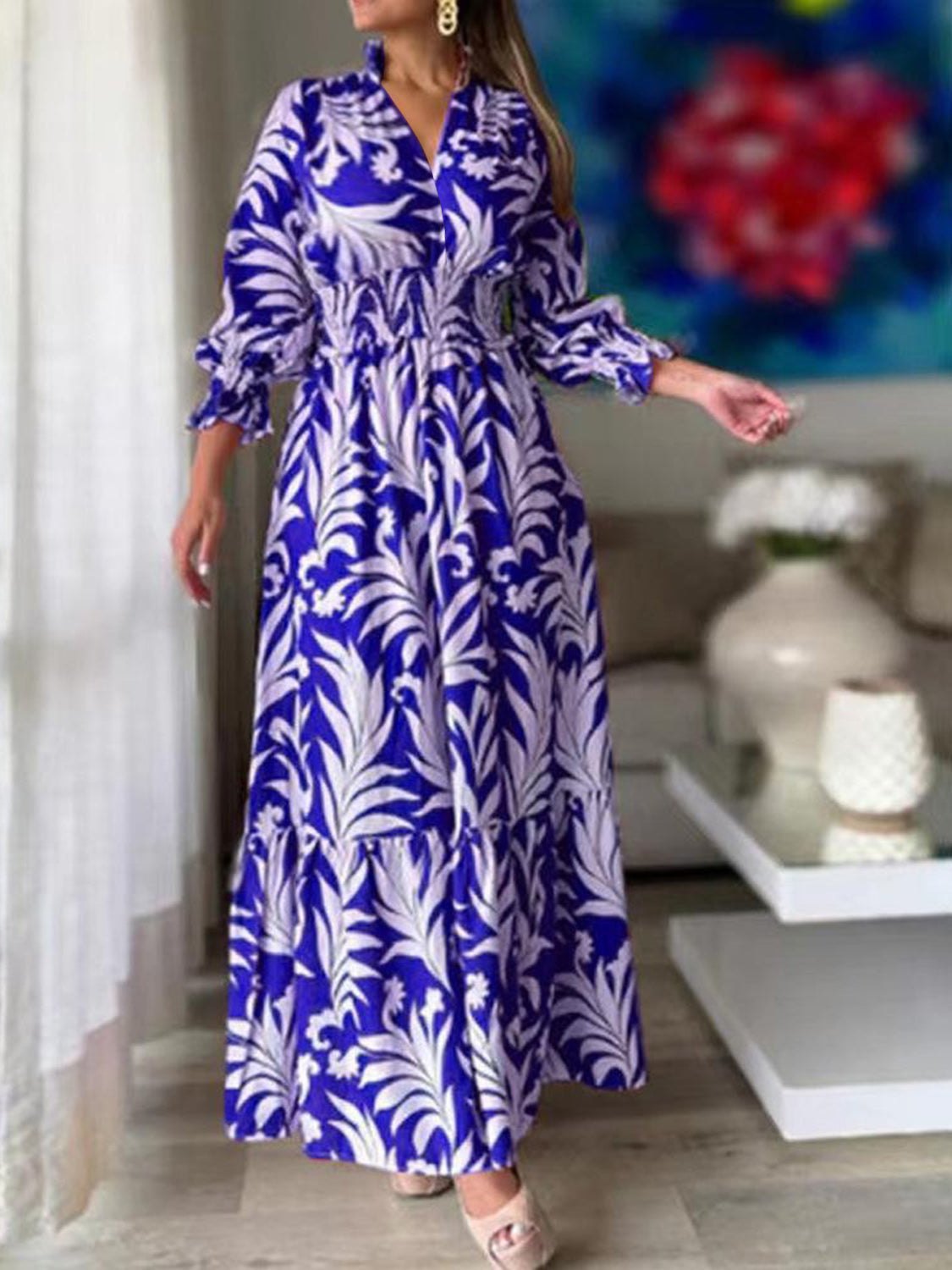 Printed Flounce Sleeve Maxi Dress