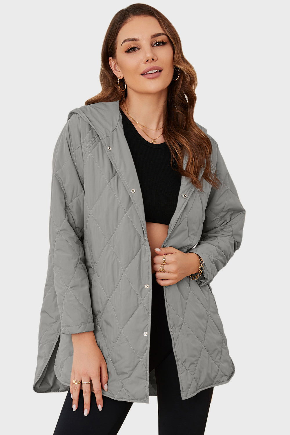 Our Best 100% Polyester Snap Down Hooded Slit Detail Cushy Comfort Deluxe Winter Coat (Light Gray)