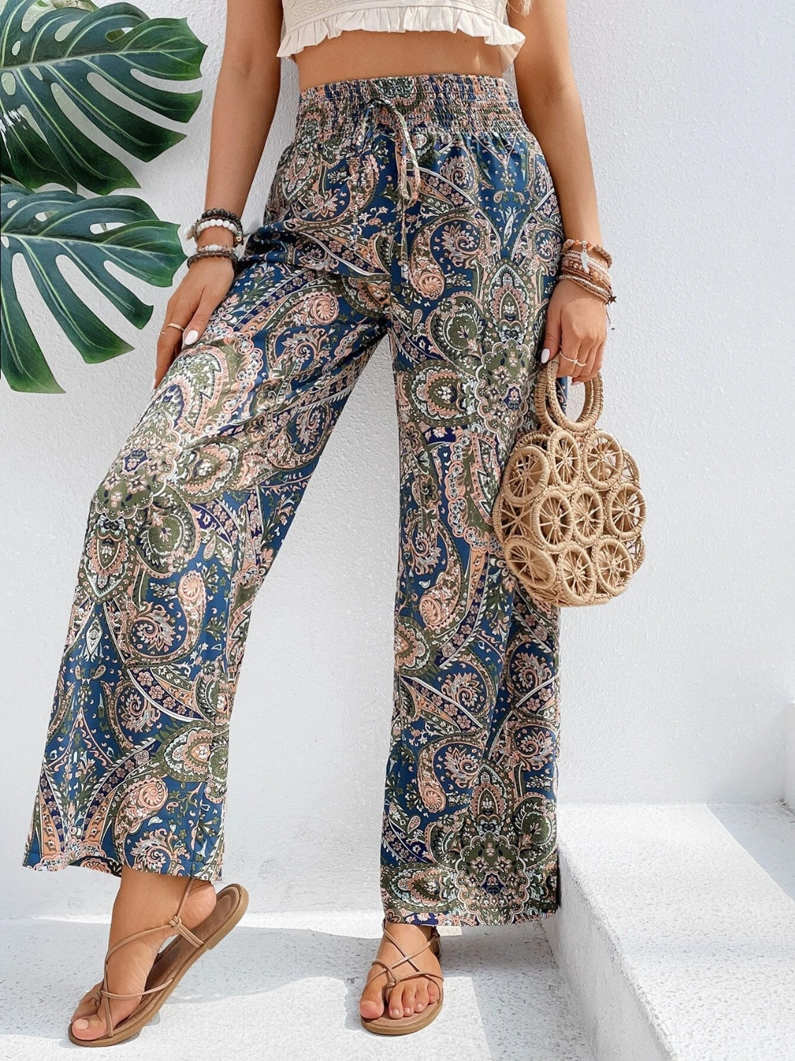 Our Best 100% Polyester Paisley Print Drawstring Waist Wide Leg Palazzo Pants (Multicolor)