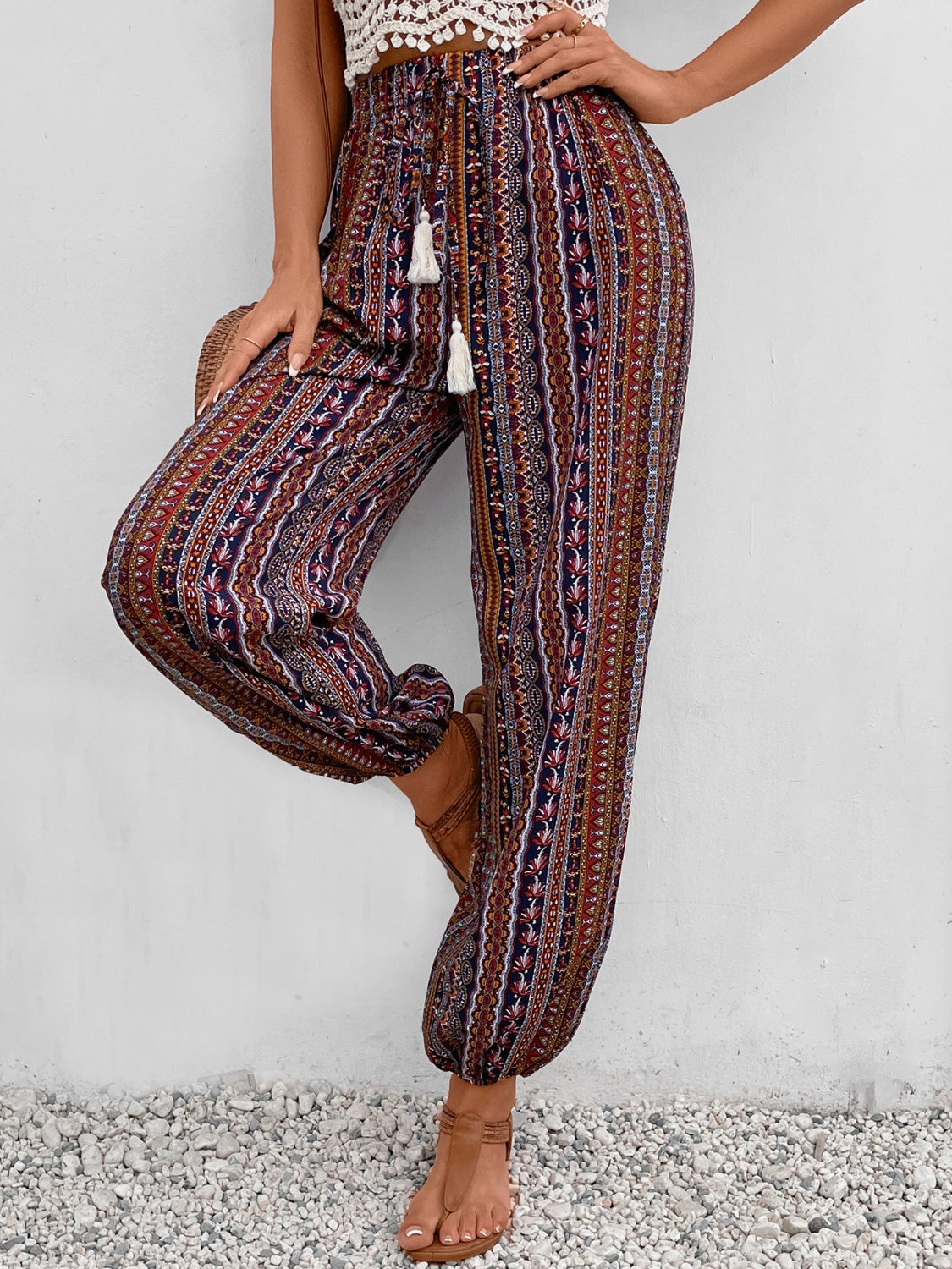 Our Best 100% Polyester Exotic Color Print Sash Tie Waist Tassel Detail High Waist Pants (Brown)