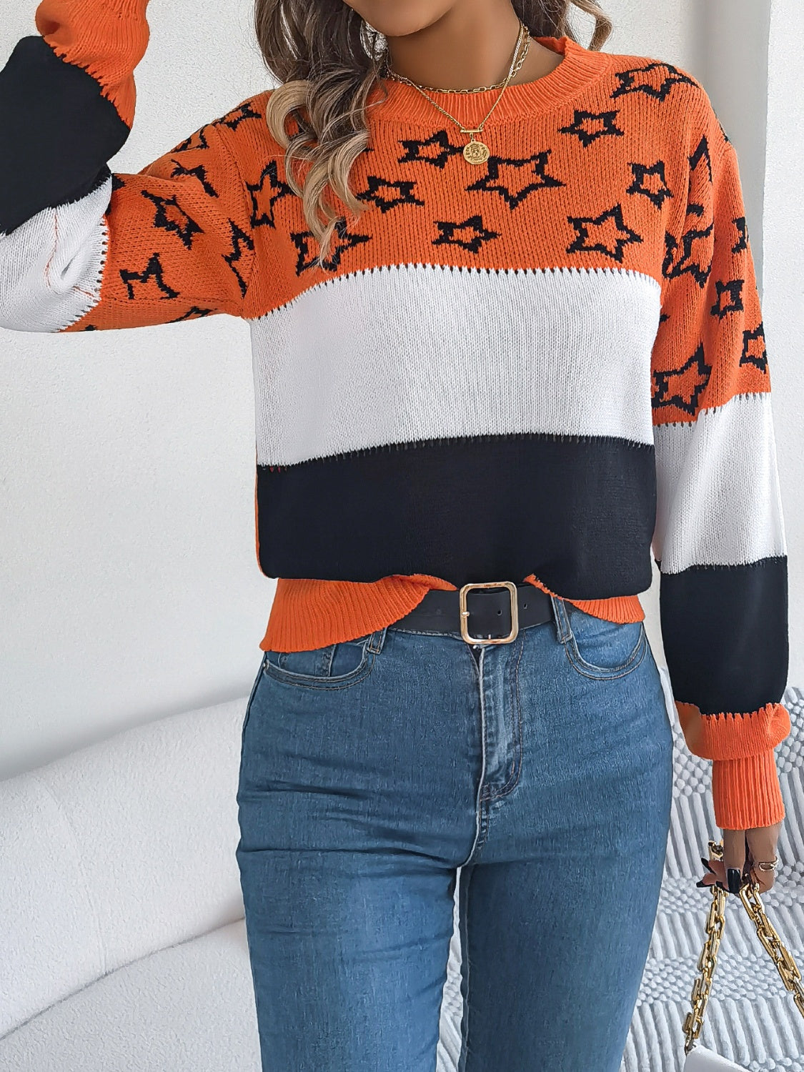 SuperStar 100% Acrylic Round Neck Colorblock Dropped Shoulder Long Sleeve Sweater (Multicolor)