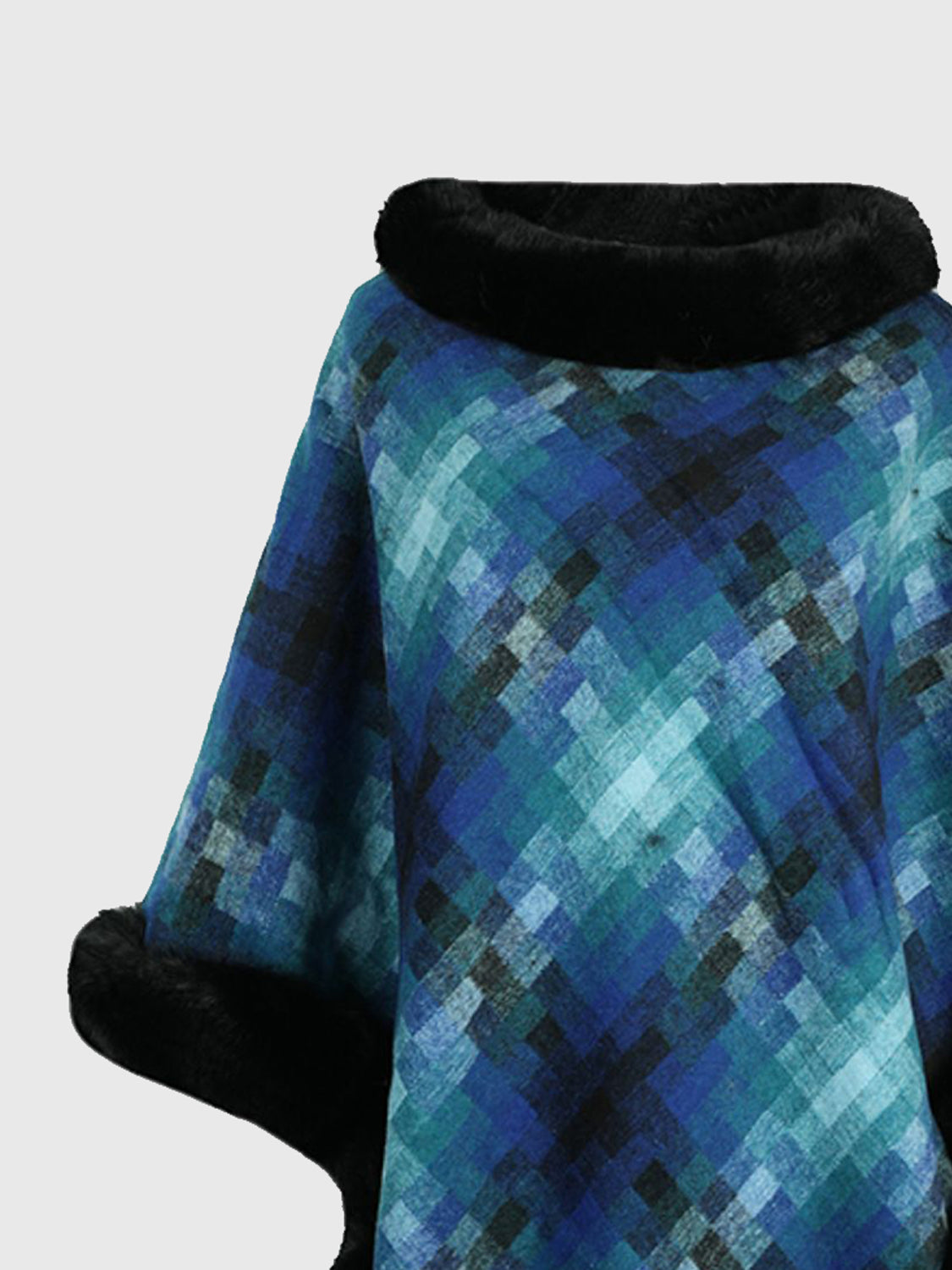 Monah Paloma 100% Polyester Pretty-n-Plush Faux Fur Collar and Trim Plaid Poncho (Multicolor)