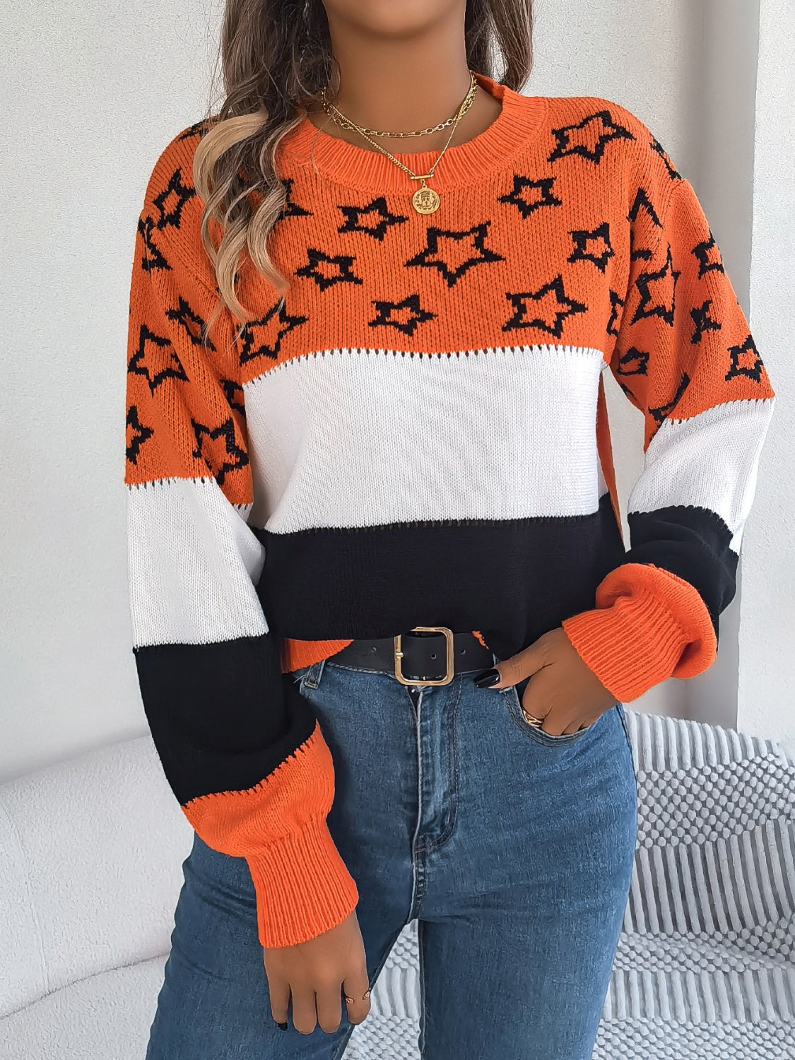 SuperStar 100% Acrylic Round Neck Colorblock Dropped Shoulder Long Sleeve Sweater (Multicolor)