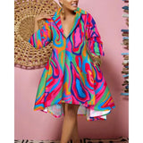 Women Sexy Fashion Printed Shirt Dresses Chic V Neck Loose Long Sleeve Dress Causal Vacation Female Mini Vestidos Robe Clothing - treasures-4-u-2-day