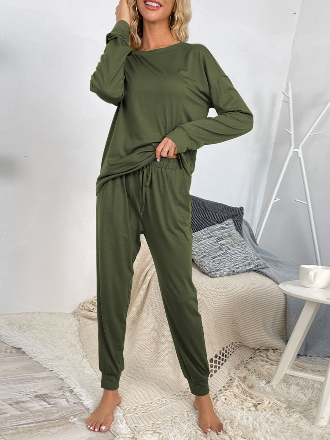 Our Best Polyester Blend Long Sleeve Top and Drawstring Waist Joggers Two Piece Lounge Set (Multicolor)