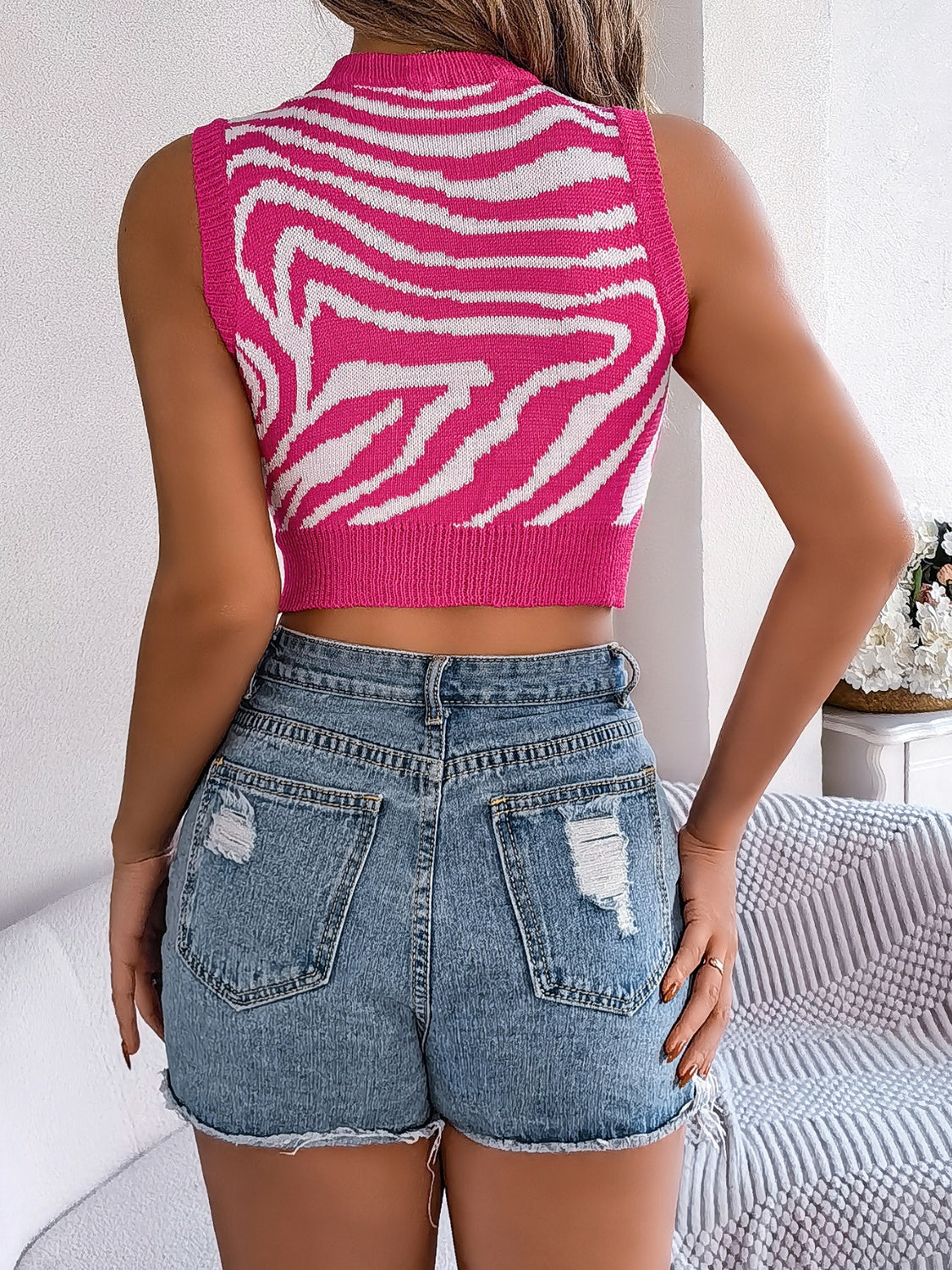 Cutout Animal Print Round Neck Tank