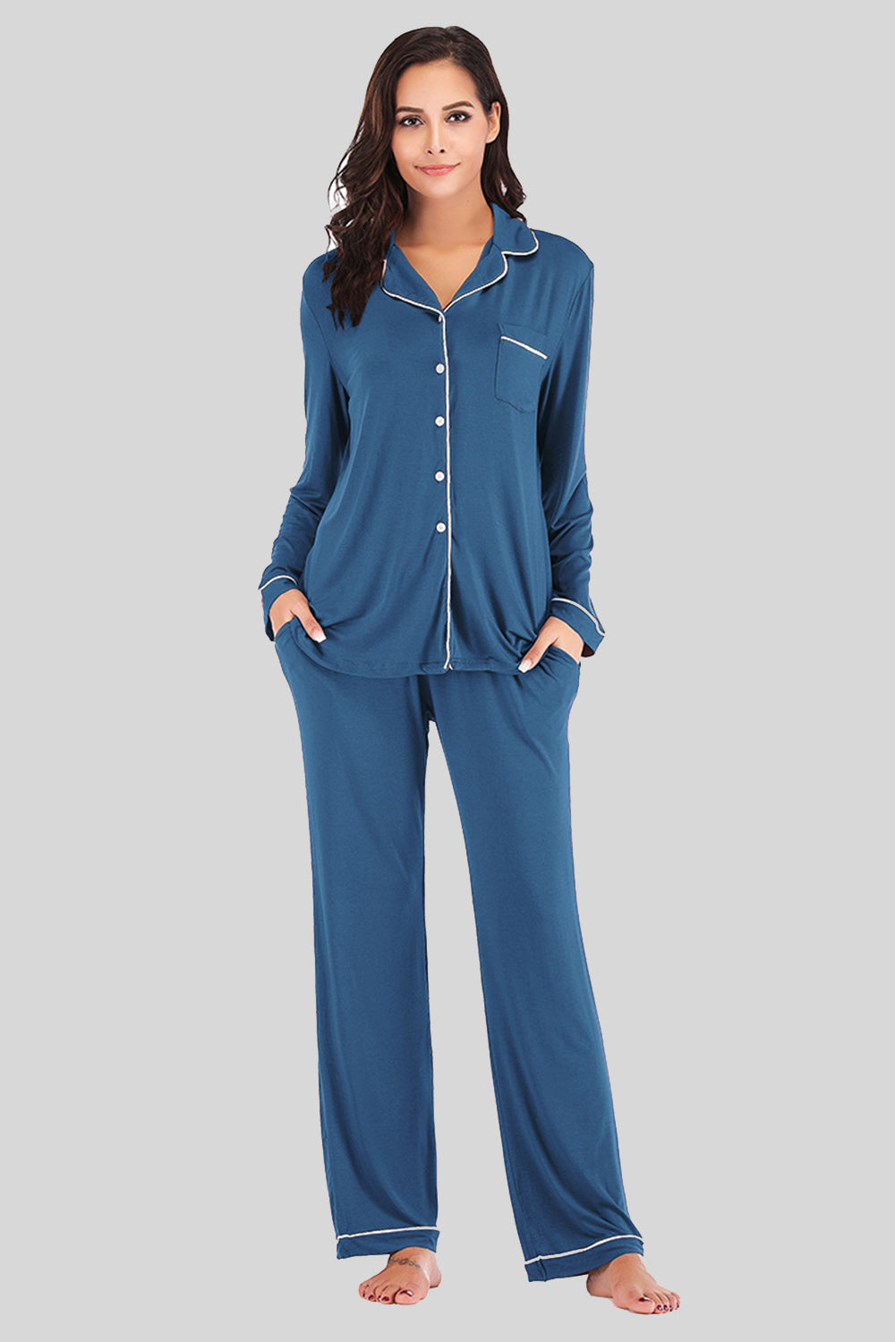 Simona Slumbertime Nylon Blend Long Sleeve Pocket and Piping Detail Loungewear Set (Multicolor)