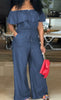 Solid Off Shoulder Tie Waist Jumpsuit Elegant Ruffle Trim Wide Leg Jumpsuit Women's Clothing