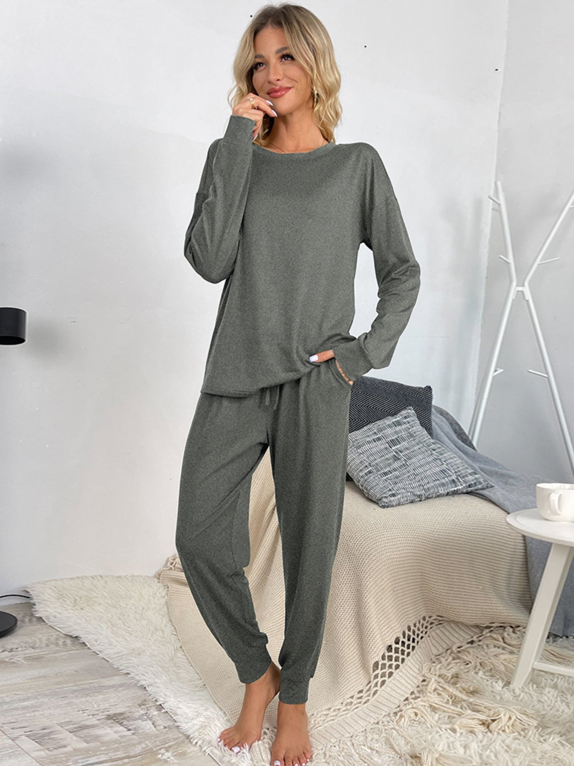 Our Best Polyester Blend Long Sleeve Top and Drawstring Waist Joggers Two Piece Lounge Set (Multicolor)