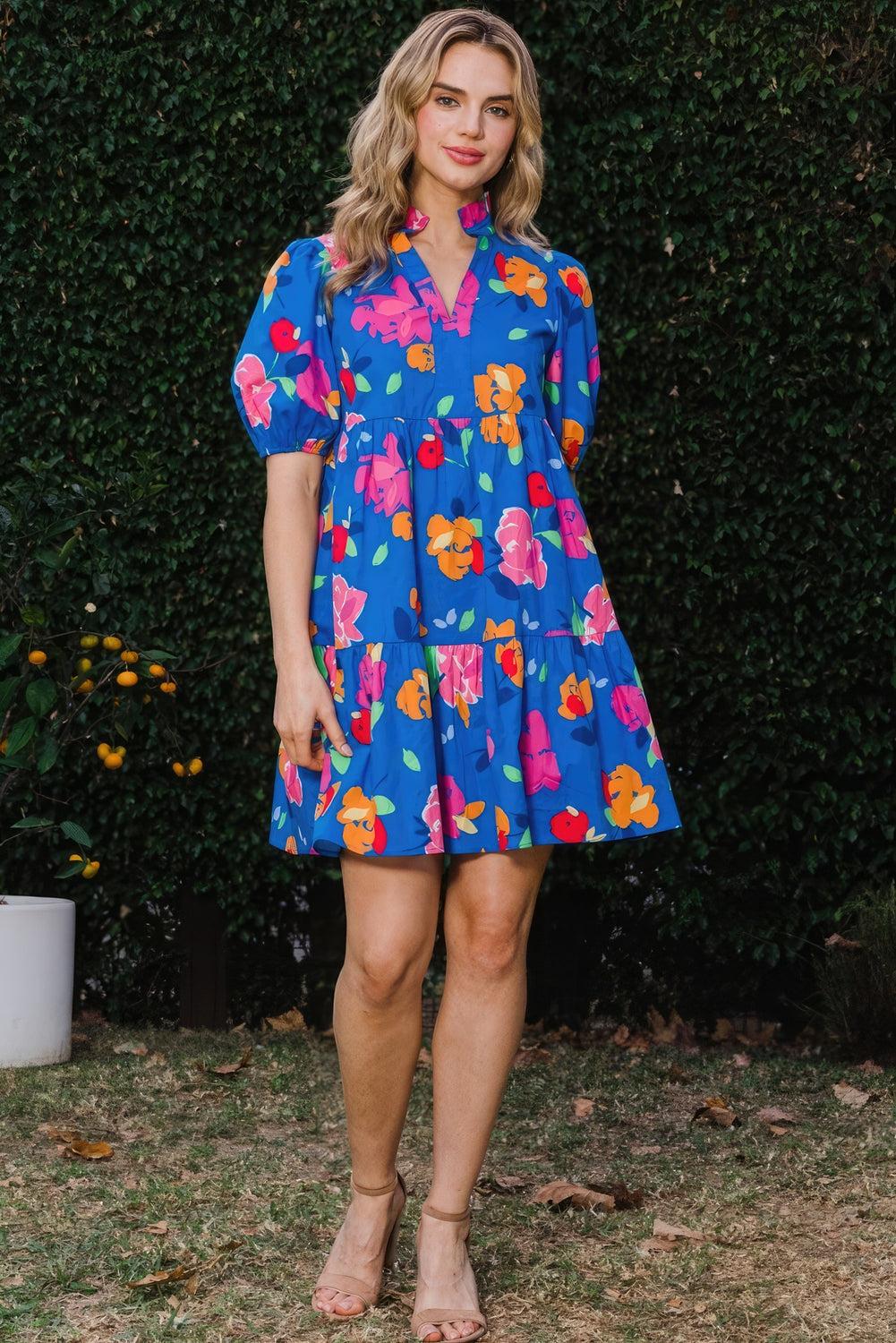 Our Best Cotton/Spandex Frill Ditsy Floral Printed Tiered Mini Dress (Royal Blue)