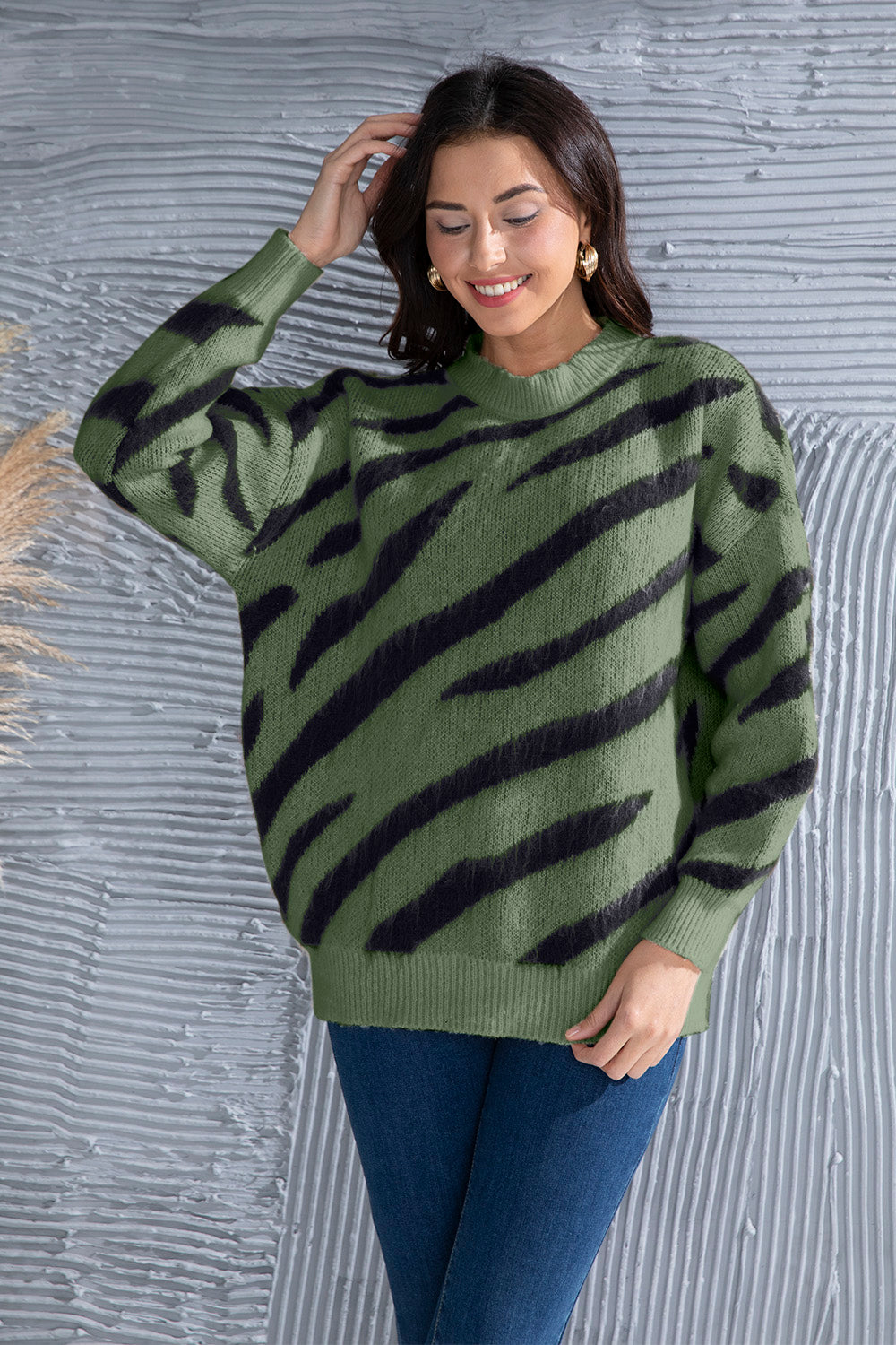 Animal Element Round Neck Dropped Shoulder Sweater