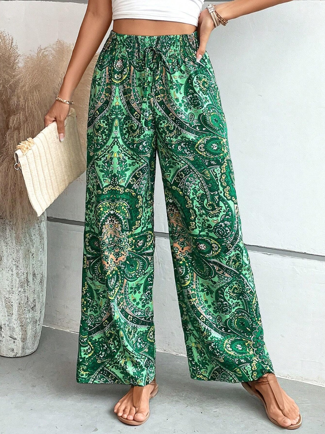 Our Best 100% Polyester Paisley Print Drawstring Waist Wide Leg Palazzo Pants (Multicolor)