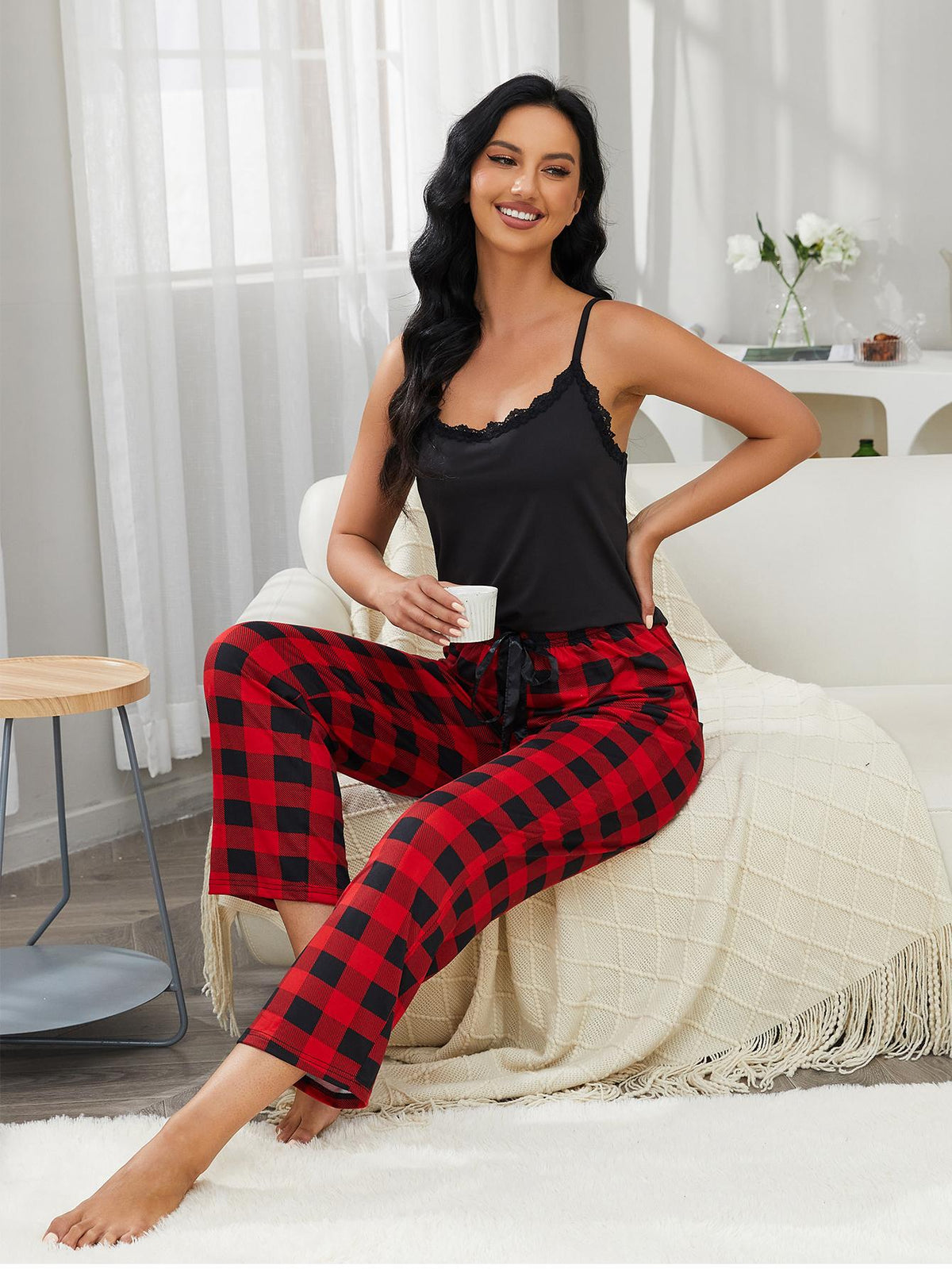 Our Best Polyester Blend Lace Trim Cami Top and Drawstring Waist Plaid Pants Lounge Set (Black)