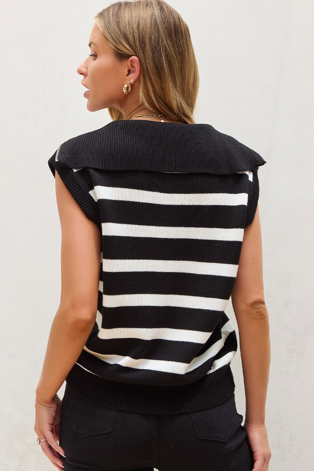 Bold-n-Beautiful Acrylic Blend Knit Striped Half Zip Sleeveless Sweater Vest (Black)