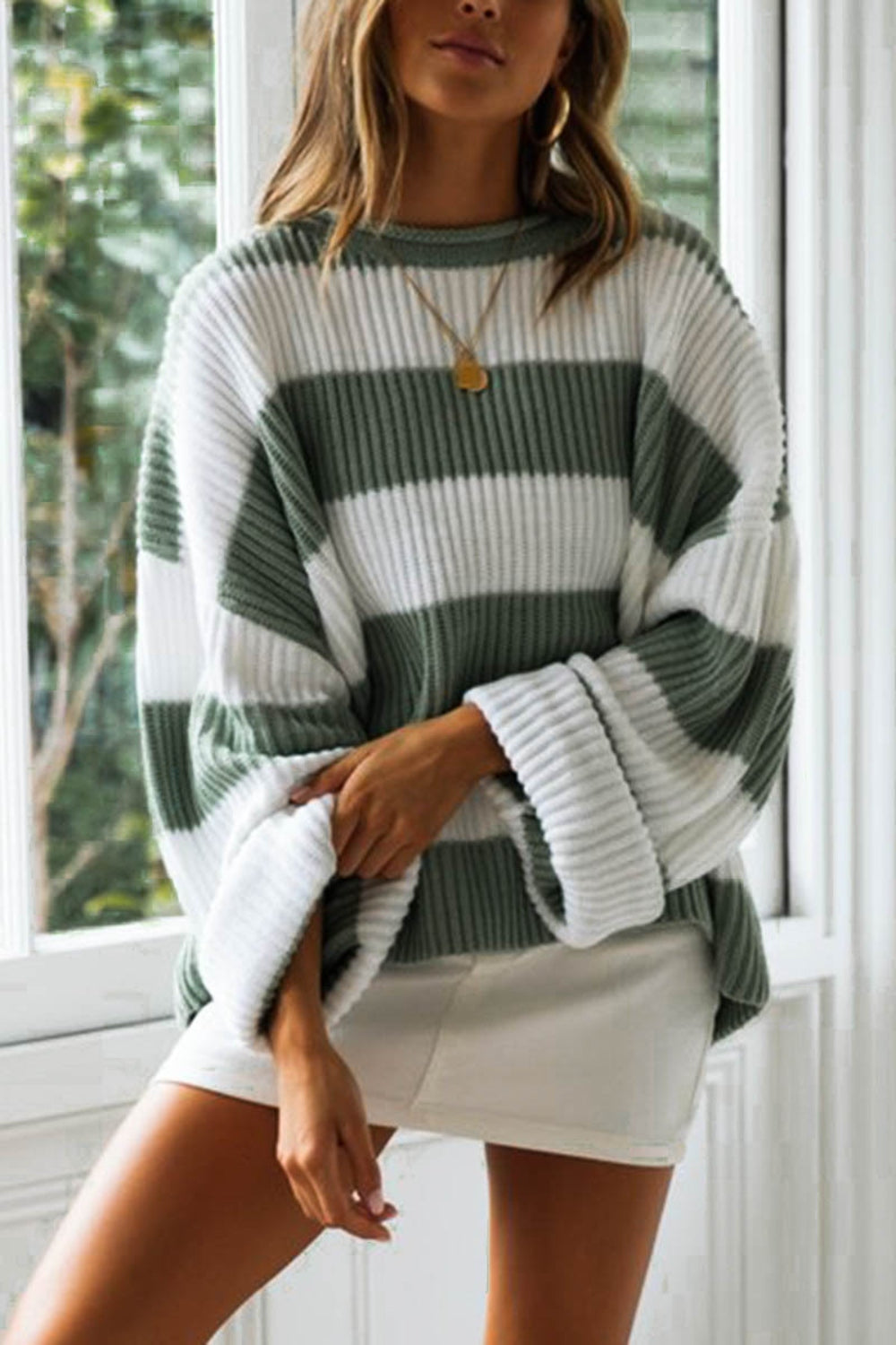 Bold-n-Beautiful 100% Polyester Crotchet Knit Striped Round Neck Long Sleeve Sweater (White)