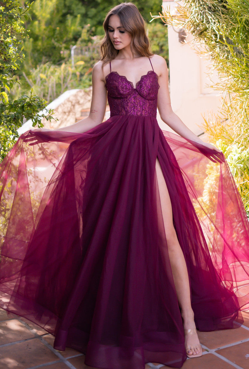 The Dani Tulle A-Line Lace-Up Jeweled Gown (Mulberry)