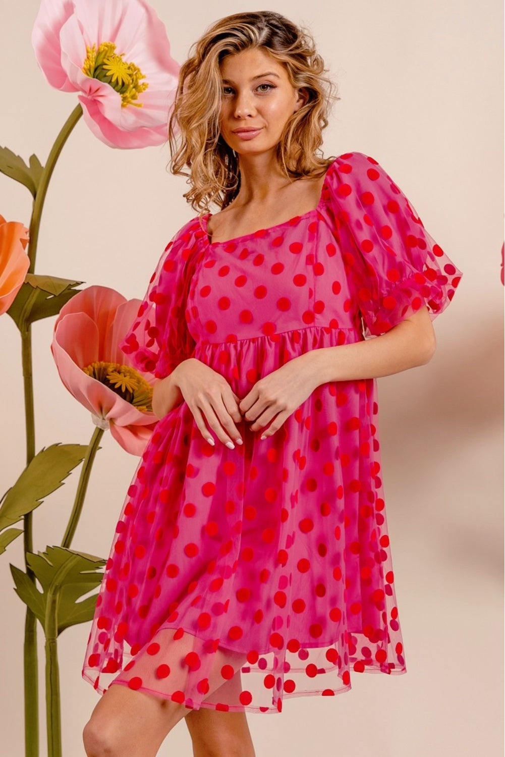 Our Best 100% Polyester Solid Color BiBi Polka Dot Mesh Puff Sleeve Mini Dress (Fuchsia)