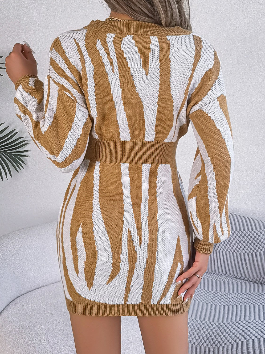 Samantha On Safari Fashion Plus 100% Acrylic Animal Print V-Neck Long Sleeve Sweater Dress (Multicolor)