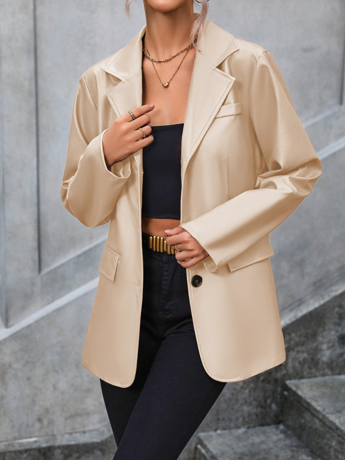 Ivy Lane 100% Polyester Button and Pocket Detail Long Sleeve Collared Neck Blazer (Multicolor)