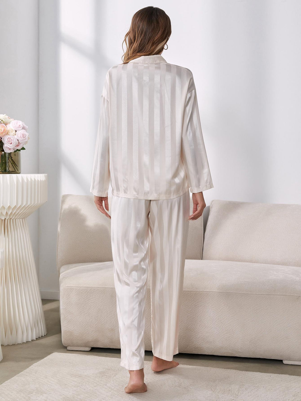 Simona Slumbertime Polyester Blend Satin Striped Button-Up Shirt and Pants Two Piece Pajama Set (White)