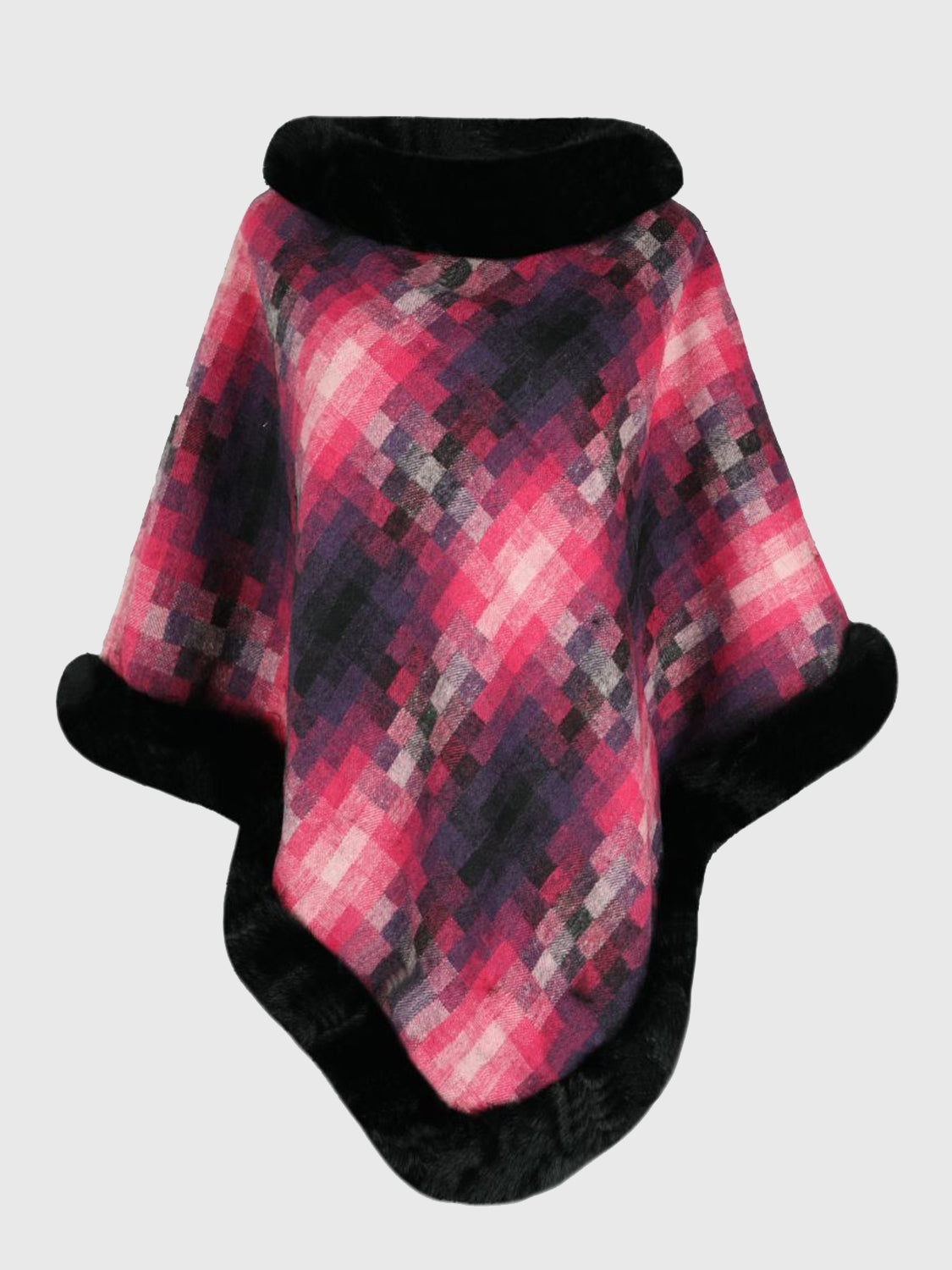 Monah Paloma 100% Polyester Pretty-n-Plush Faux Fur Collar and Trim Plaid Poncho (Multicolor)