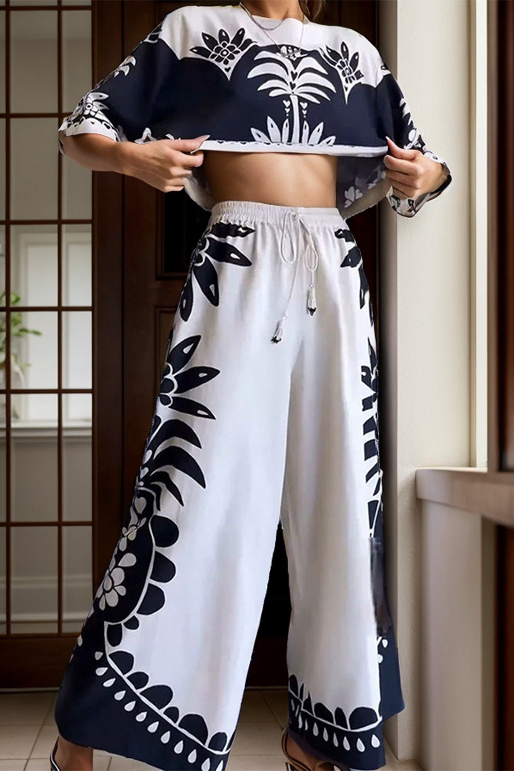 Our Best 100% Polyester Fashion Plus Floral Fantasy Half Sleeve Top and Wide Leg Pants Set (White)