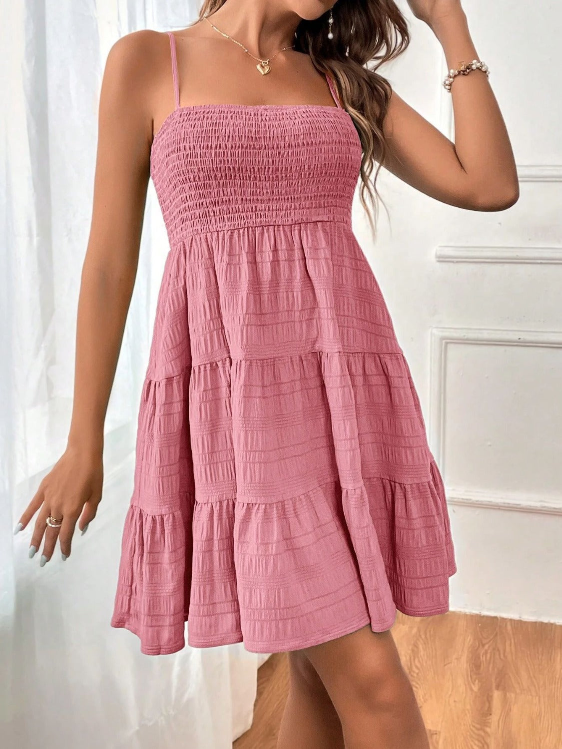 Our Best Polyester Blend Smocked Square Neck Tiered Ruffle Mini Cami Dress (Multicolor)