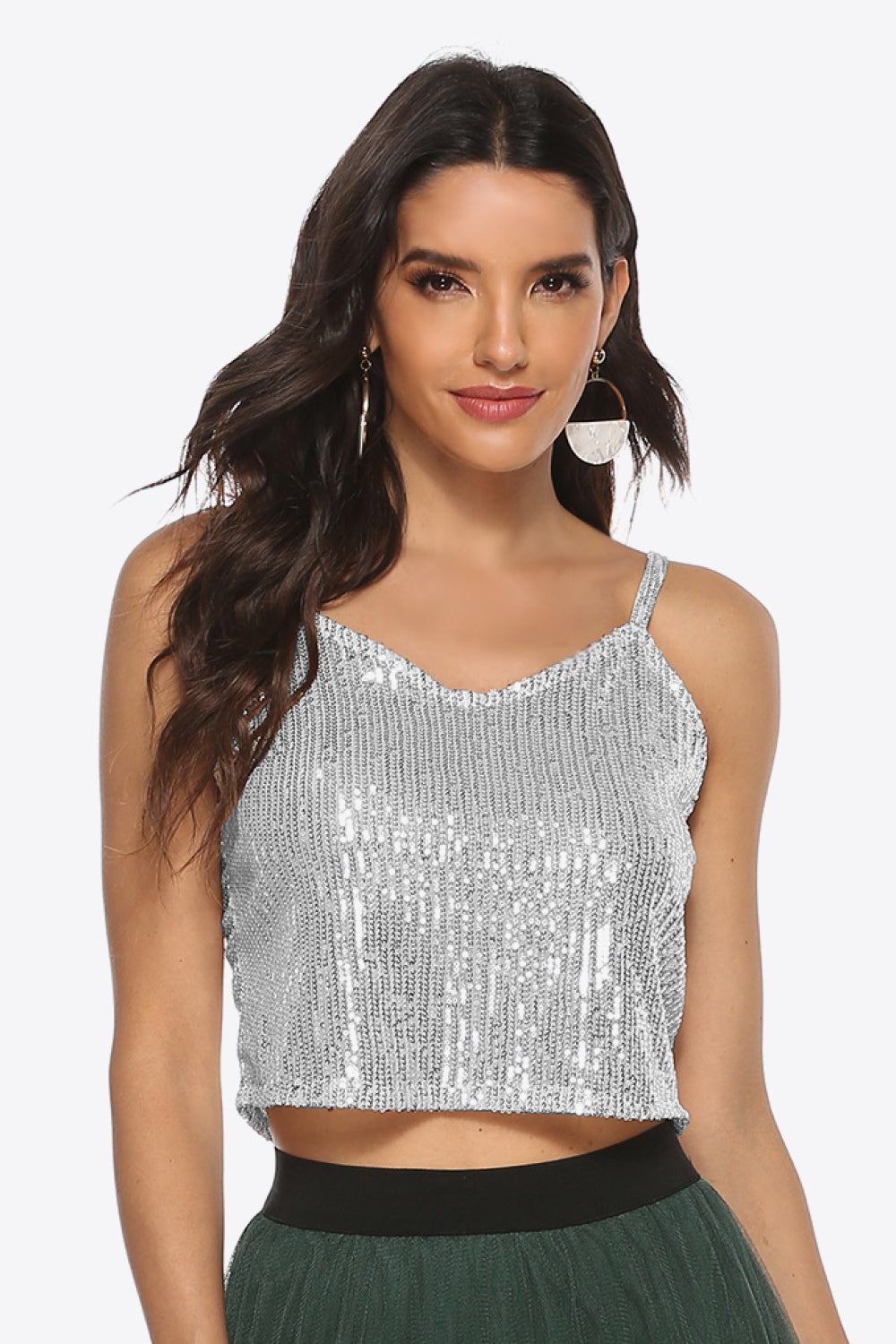 Starla Stunning Polyester/Spandex Blend Sequin Bespangled Cropped Cami Top (Gold or Silver)