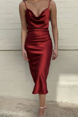Aspen Cocktail Party Adjustable Midi Dress (Deep Red Satin) - treasures-4-u-2-day