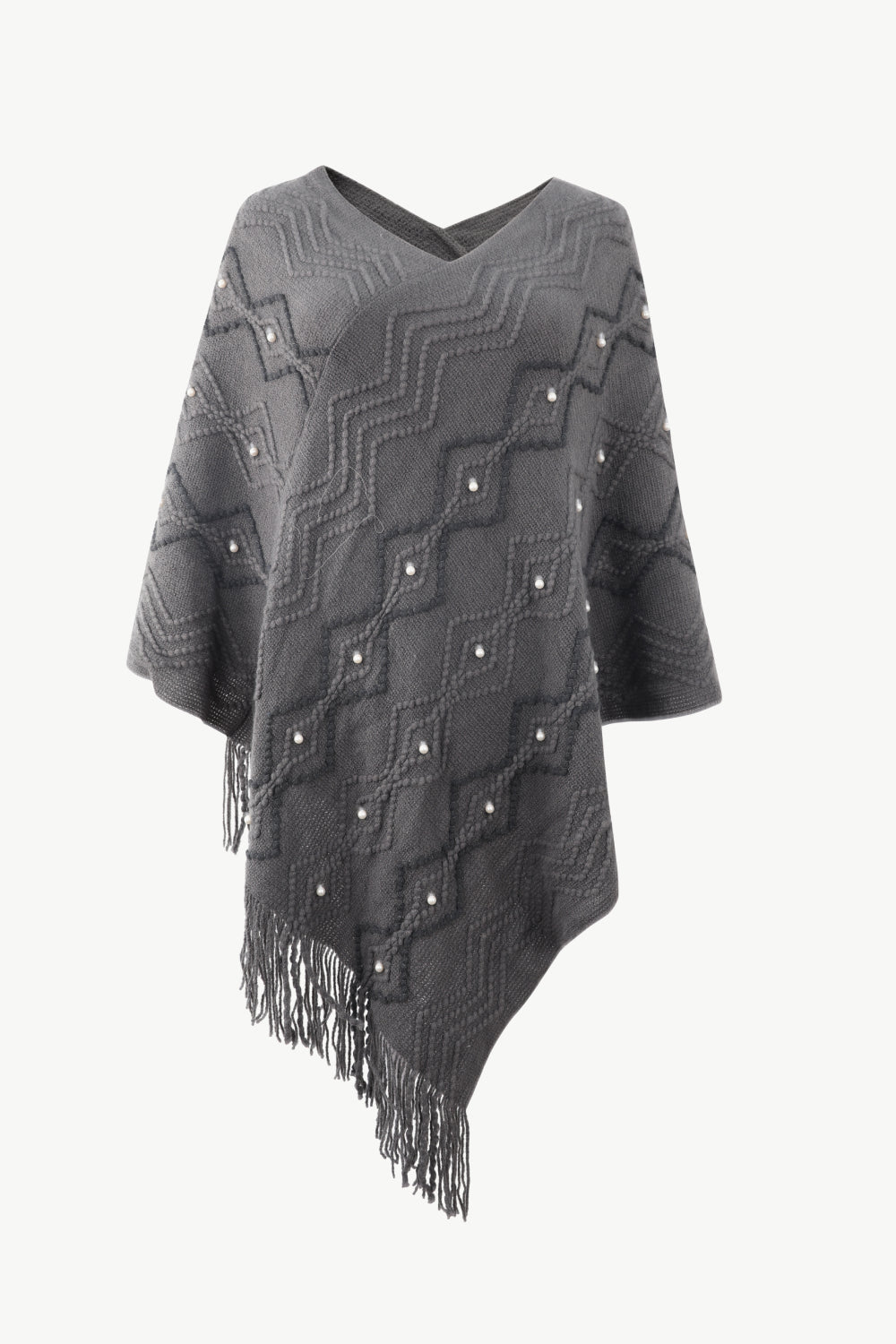 Monah Paloma Acrylic Blend Pretty-n-Plush Pearl Trim V-Neck Fringe Hem Poncho (Multicolor)