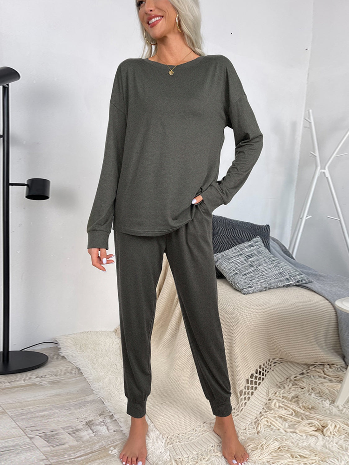 Our Best Polyester Blend Long Sleeve Top and Drawstring Waist Joggers Two Piece Lounge Set (Multicolor)