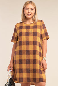 Plus Size Lovely Ladies 60% Polyester 33% Rayon 5% Spandex Checkered Round Neck Short Sleeve Sweater Type Mini Dress (Mustard)