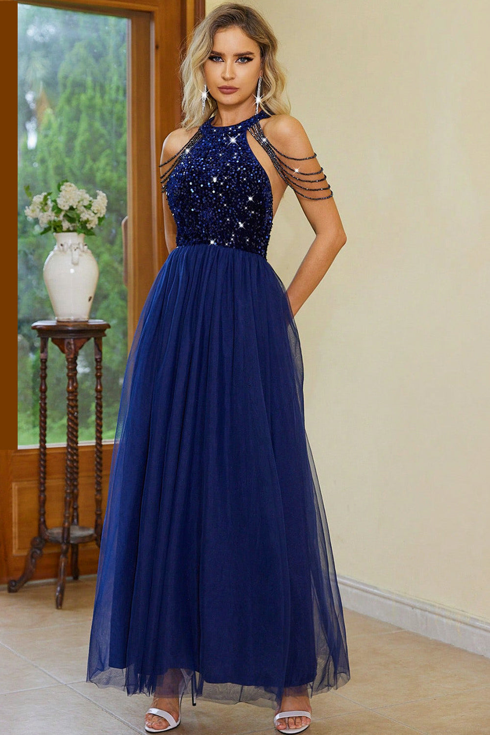 Our Best Polyester/Elastane Sequin Halter Neck Backless Formal Wear Maxi Dress (Dark Blue)