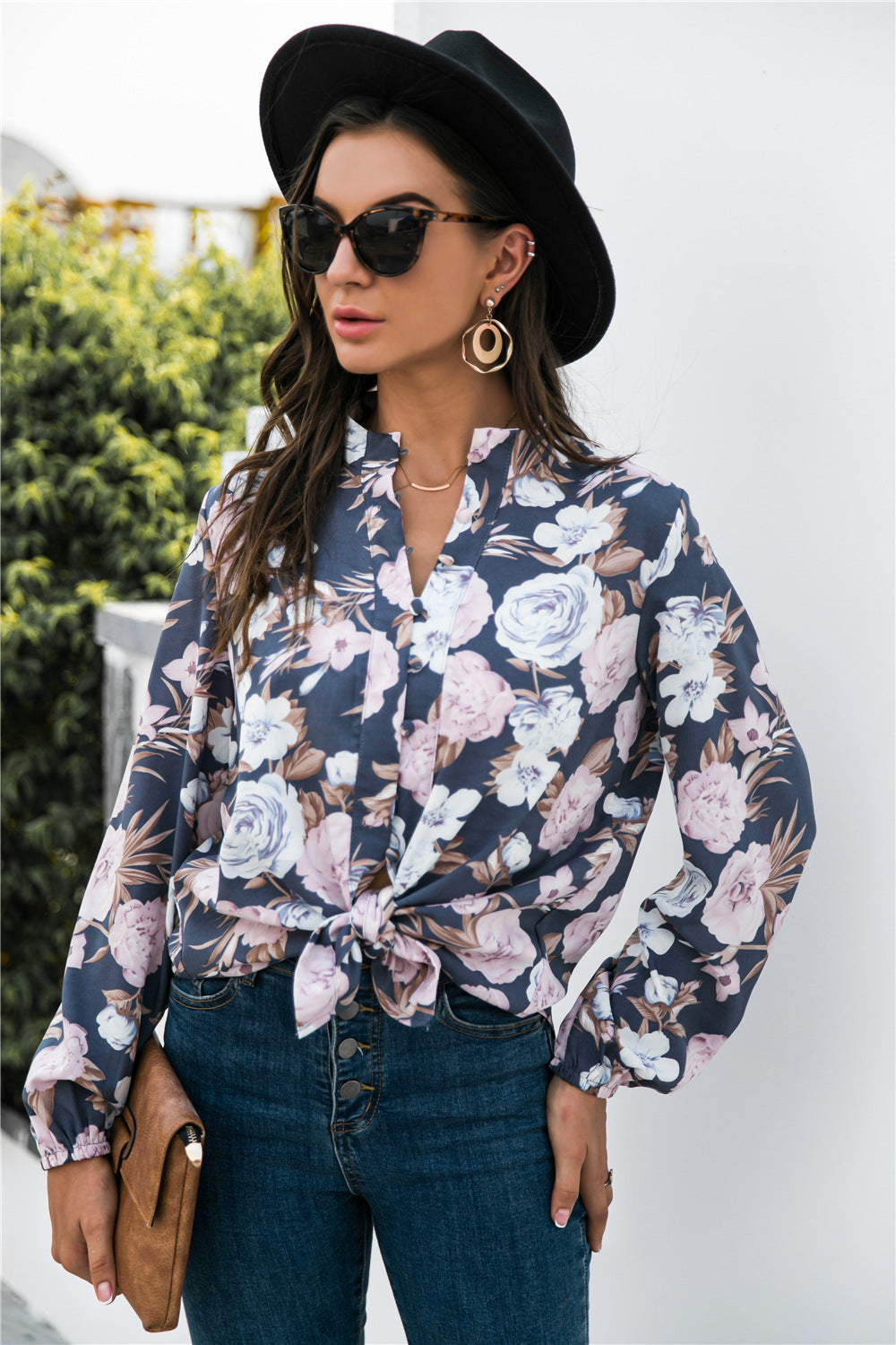 Fun-n-Flirty Polyester/Spandex Blend Floral Graphics Mock Neck Button Front Sash Tie Long Sleeve Shirt (Floral)