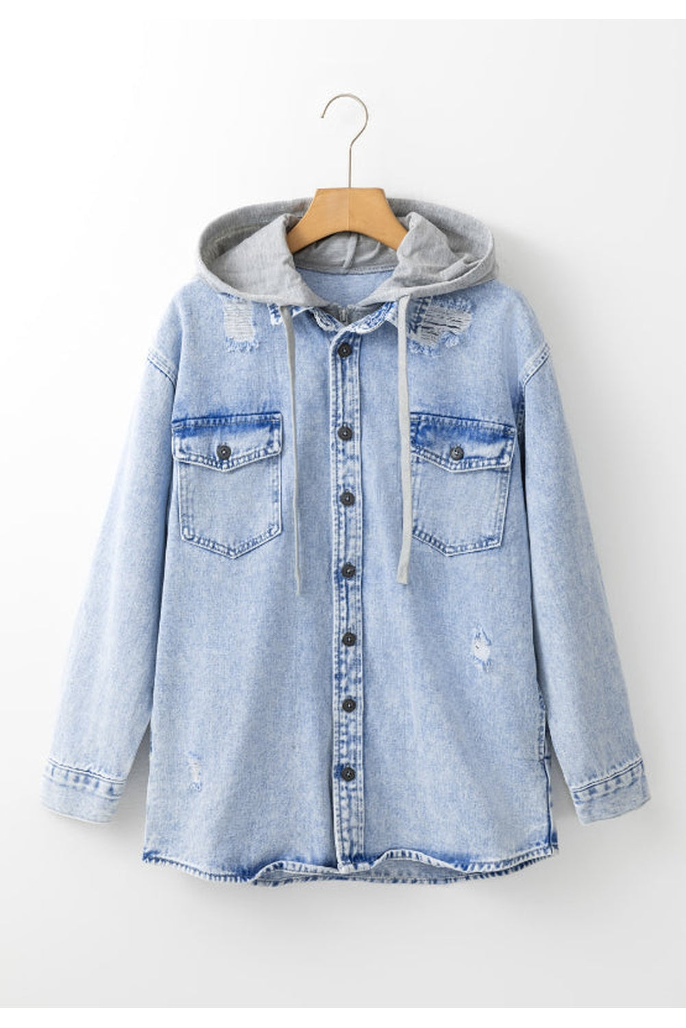 Damsel In Distressed 100% Cotton Fashion Plus Distressed Button-Up Pocket Detail Hooded Denim Jacket (Medium Denim)