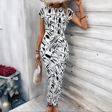 Elegant Waist Strap Striped Round Neck Short Sleeve And Long Pattern Dress