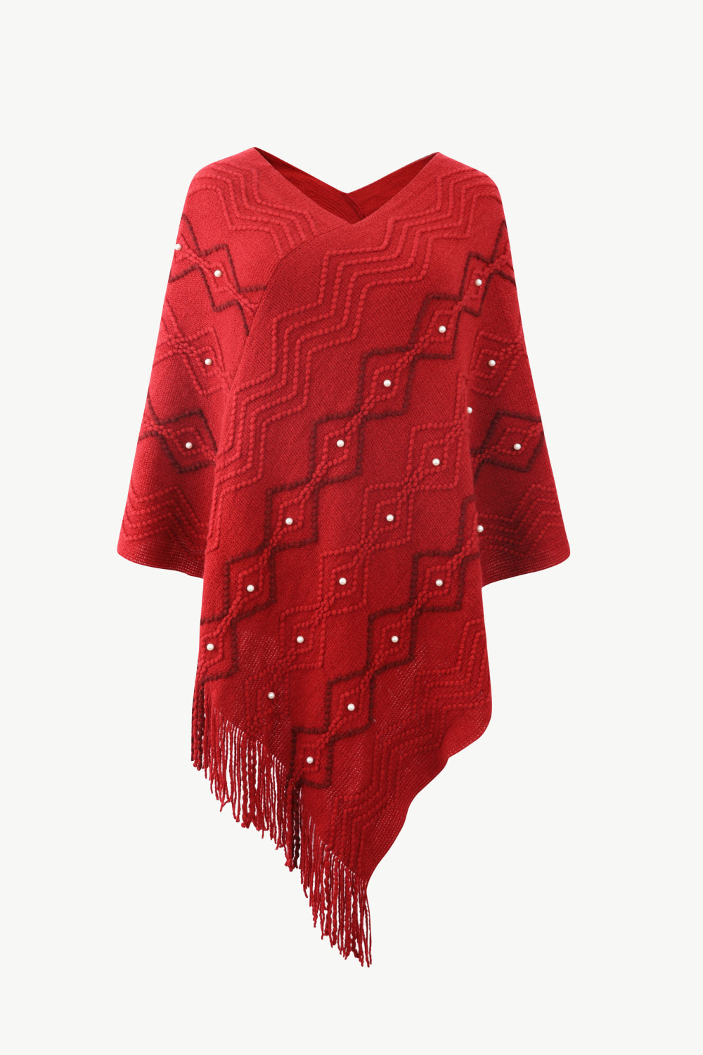 Monah Paloma Acrylic Blend Pretty-n-Plush Pearl Trim V-Neck Fringe Hem Poncho (Multicolor)