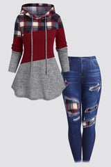 Plus Size Womens Suit Hooded Sweatshirts Colorblock Plaid Print Hoodie Drawstring Textured Tops Imitation Denim Pants Set L-5XL - treasures-4-u-2-day
