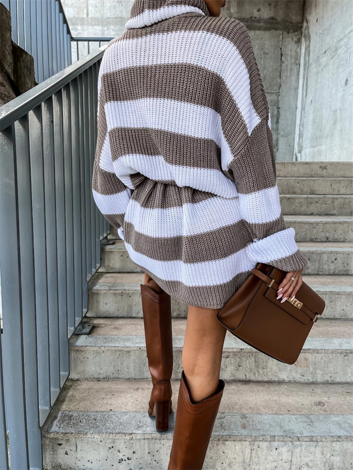 Bold-n-Beautiful 100% Polyester Crotchet Knit Striped Turtleneck Two Piece Sweater Dress (Black/Mocha)