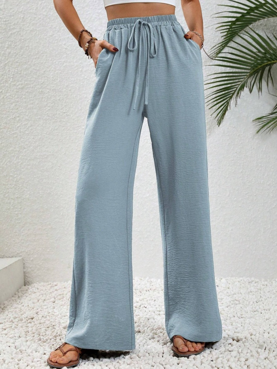 Our Best 100% Polyester Wide Leg Drawstring Waist Palazzo Pants (Multi Colors)