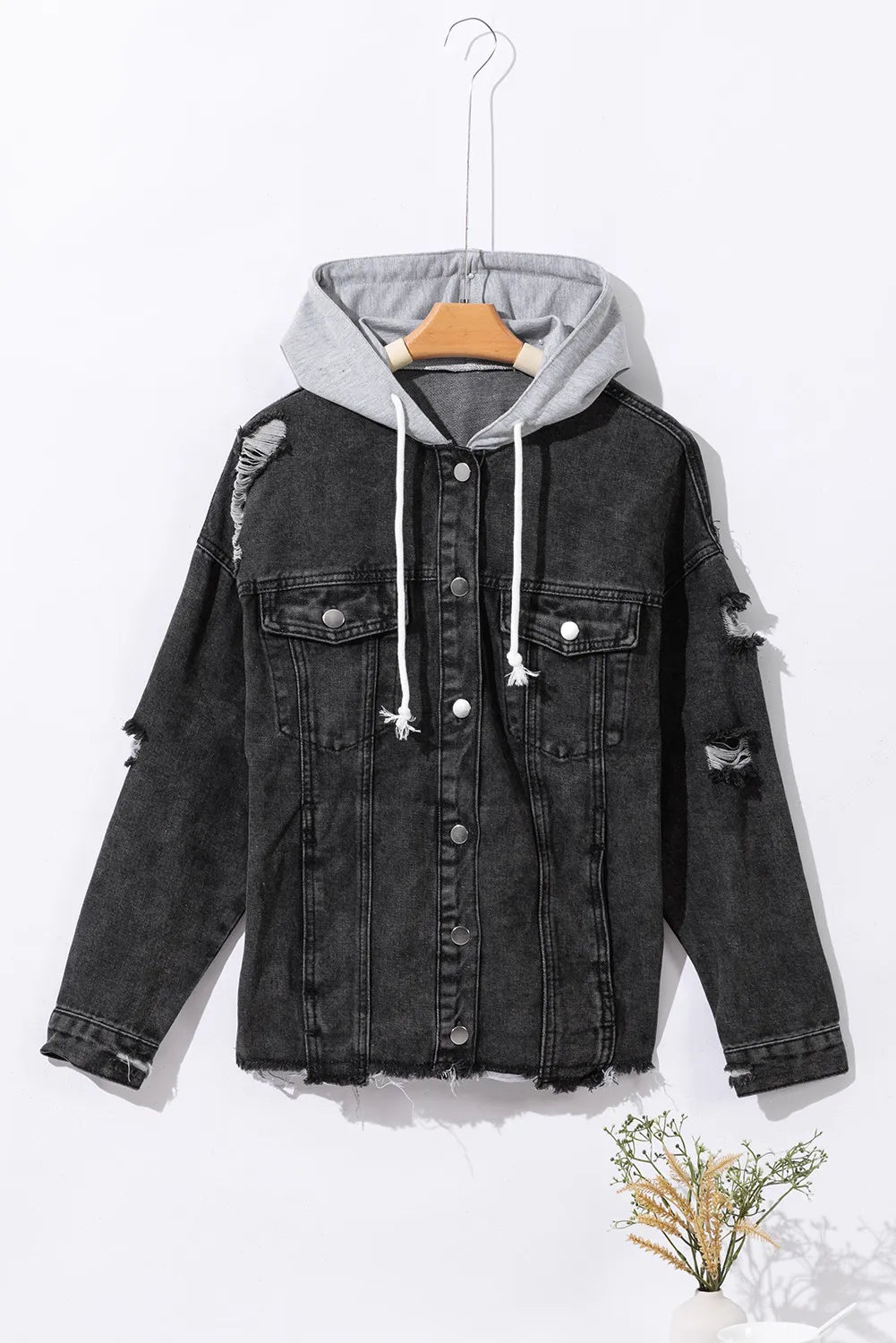 Damsel In Distressed Cotton Blend Fashion Plus Distressed Drawstring Long Sleeve Hooded Denim Jacket (Black)