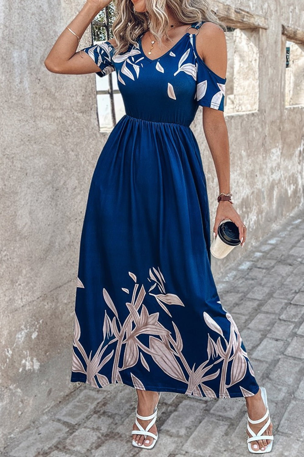 Our Best 100% Polyester Exotic Floral Print Cold Shoulder Short Sleeve Maxi Dress (Navy)