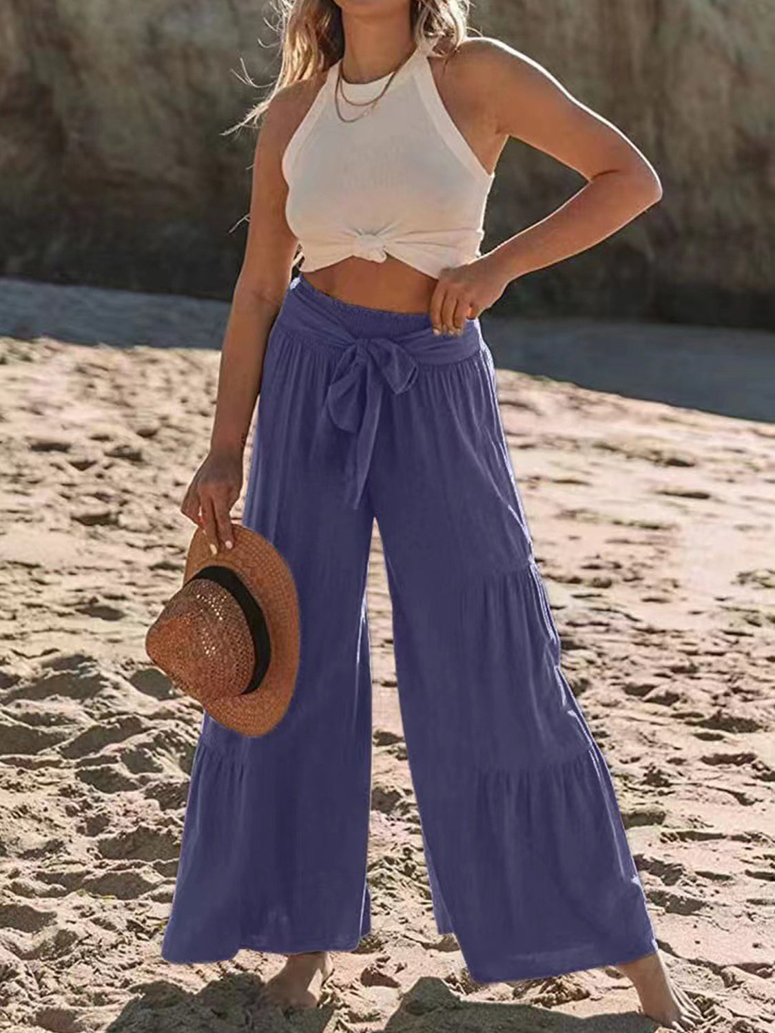 Our Best Polyester Blend Waist Tie Ruched Wide Leg Palazzo Pants (Multi-Colors)