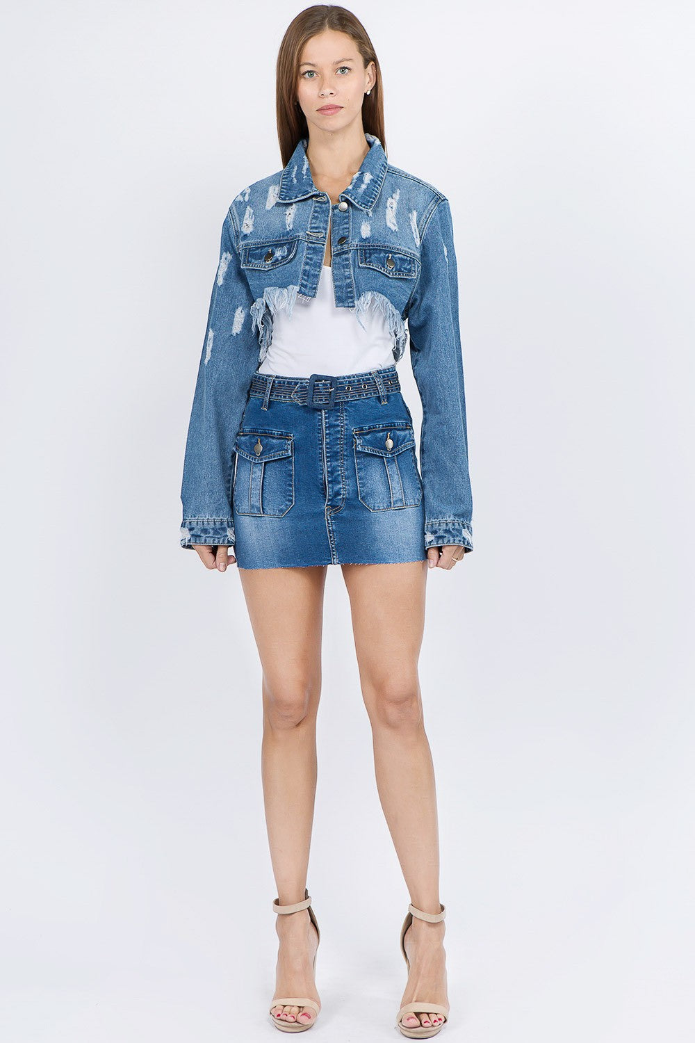 American Bazi 100% Cotton Distressed Denim Frayed Hem Crop Jacket (Blue)