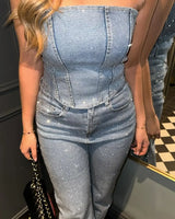 CPSYMYM Rhinestones Denim Vest Jeans Set Women Sexy Slim Sleeveless Strapless Empire Waist Zipper Pocket Pencil Trouser  Summer